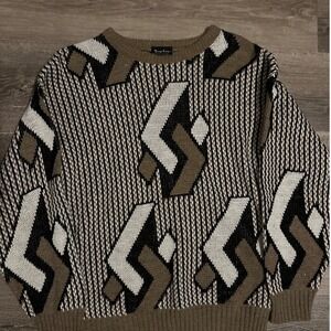 New Era Mens Sweater Geometric Pattern Knit Pullover Tan Black White L
